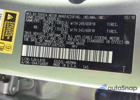 2018 Toyota Highlander Xle из США, поврежденный, VIN 5TDJZRFH7JS875425